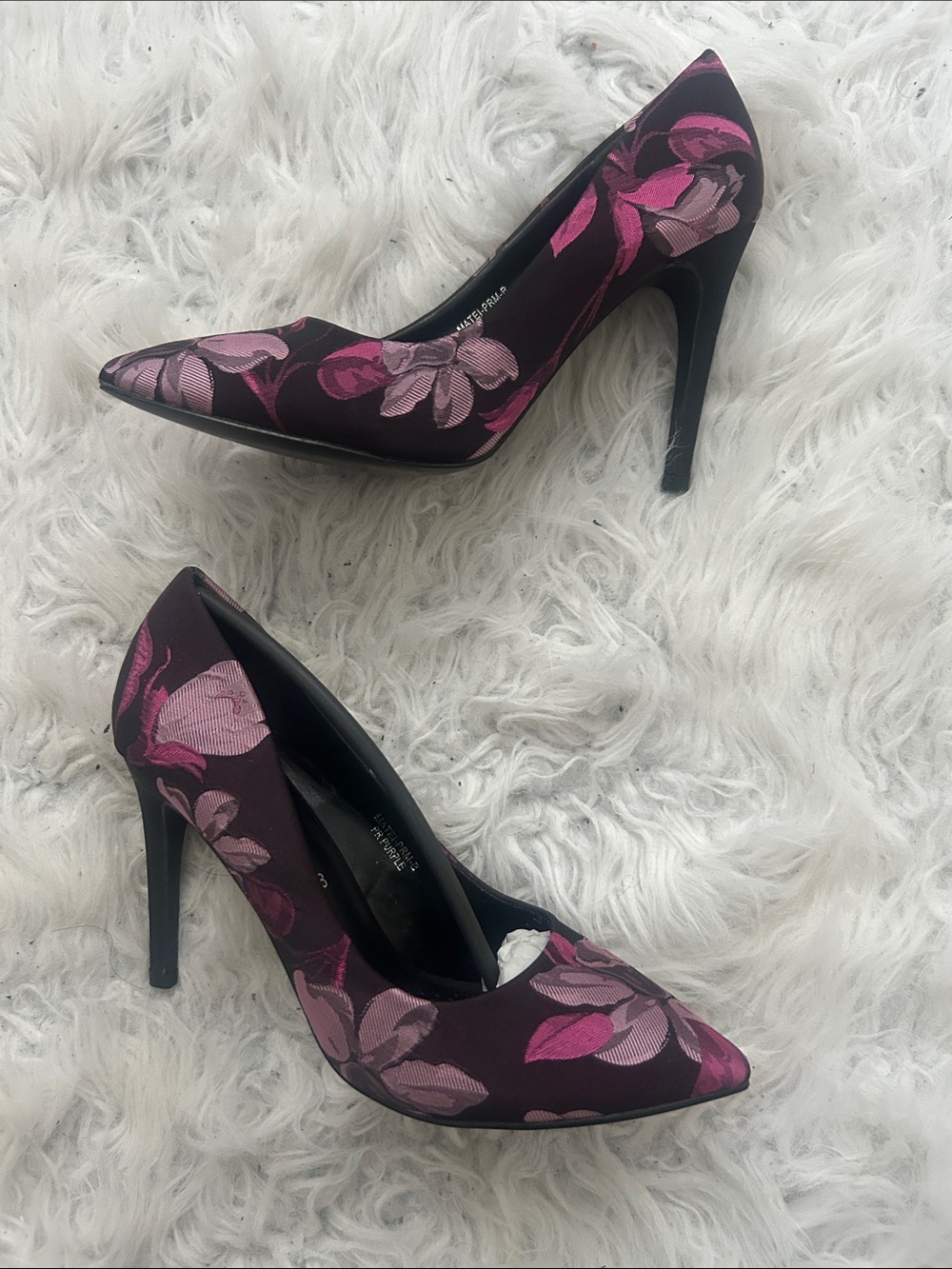 Patrizia floral-patterned purple and pink high heels, size 8, new in box